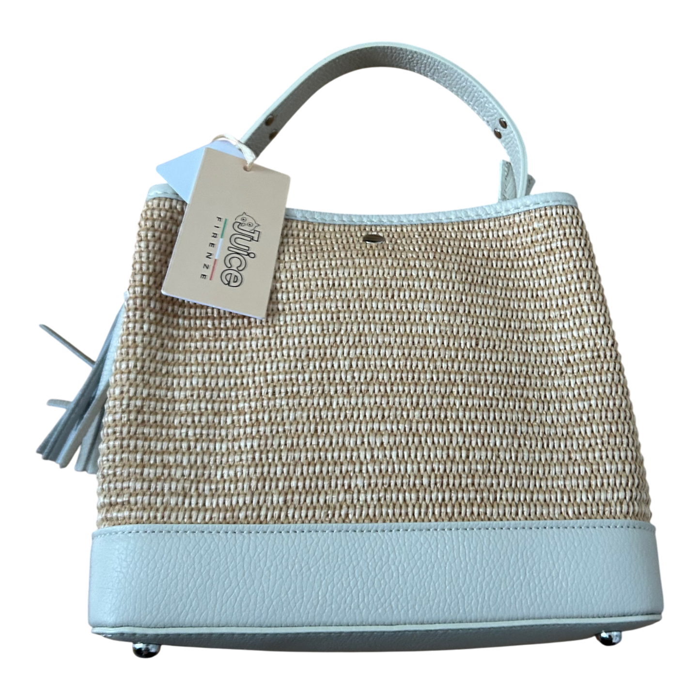 Bucket Bag Beige Echtleder Raffia Tasche Italien Sommer Handtasche Elegant Neu