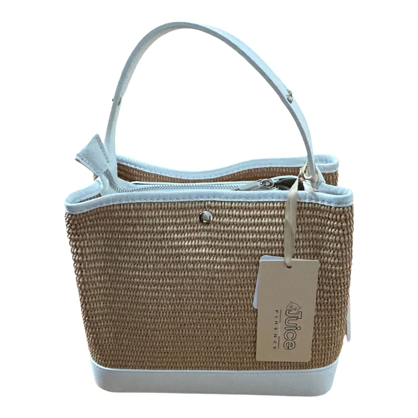Bucket Bag Weiß Echtleder Raffia Tasche Italien Sommer Handtasche Elegant Neu