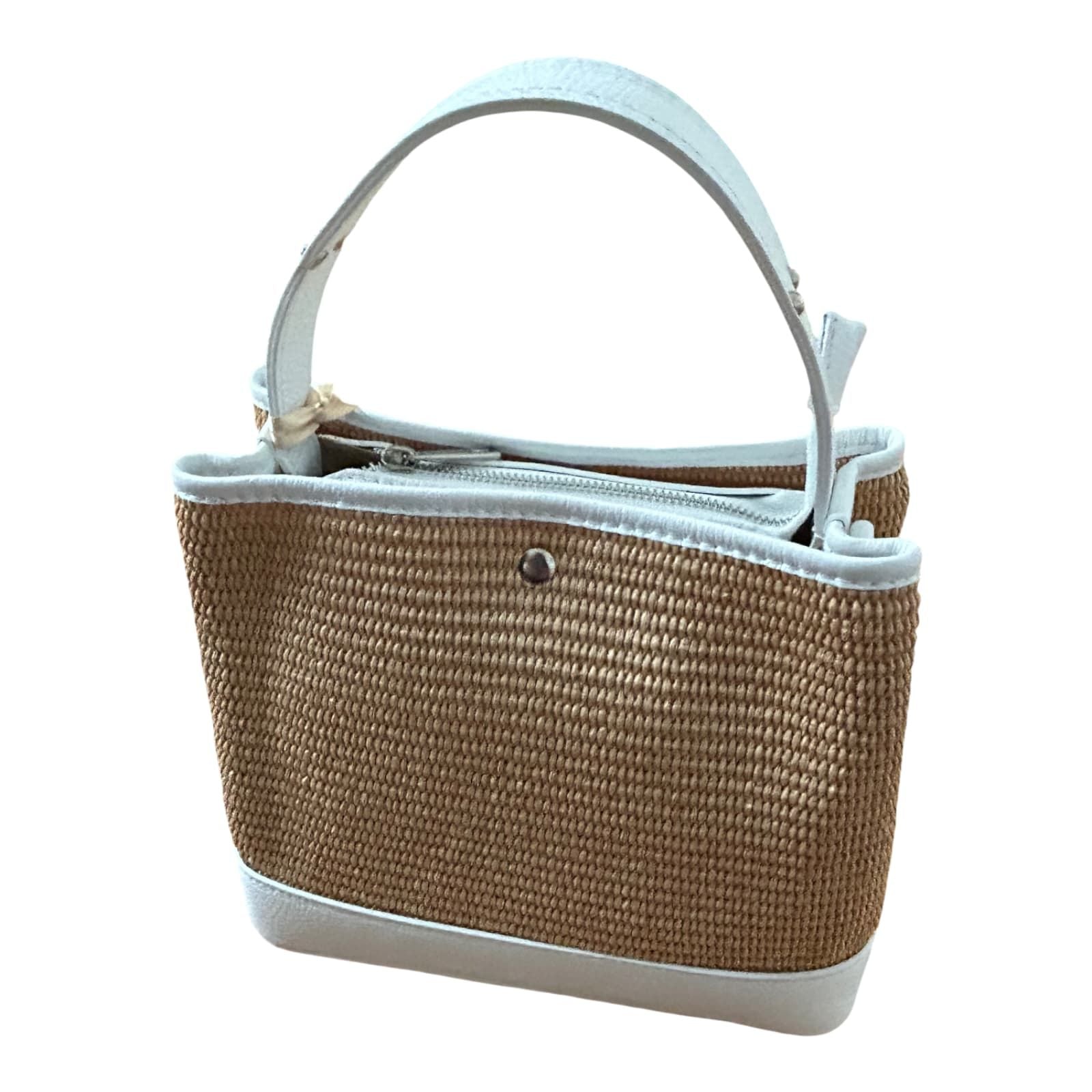 Bucket Bag Weiß Echtleder Raffia Tasche Italien Sommer Handtasche Elegant Neu