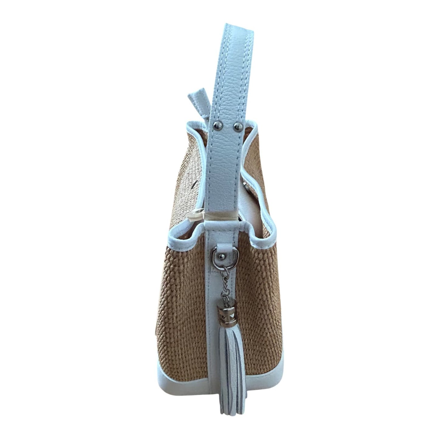 Bucket Bag Weiß Echtleder Raffia Tasche Italien Sommer Handtasche Elegant Neu