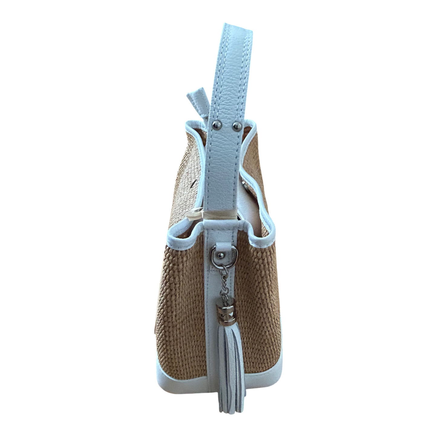 Bucket Bag Weiß Echtleder Raffia Tasche Italien Sommer Handtasche Elegant Neu