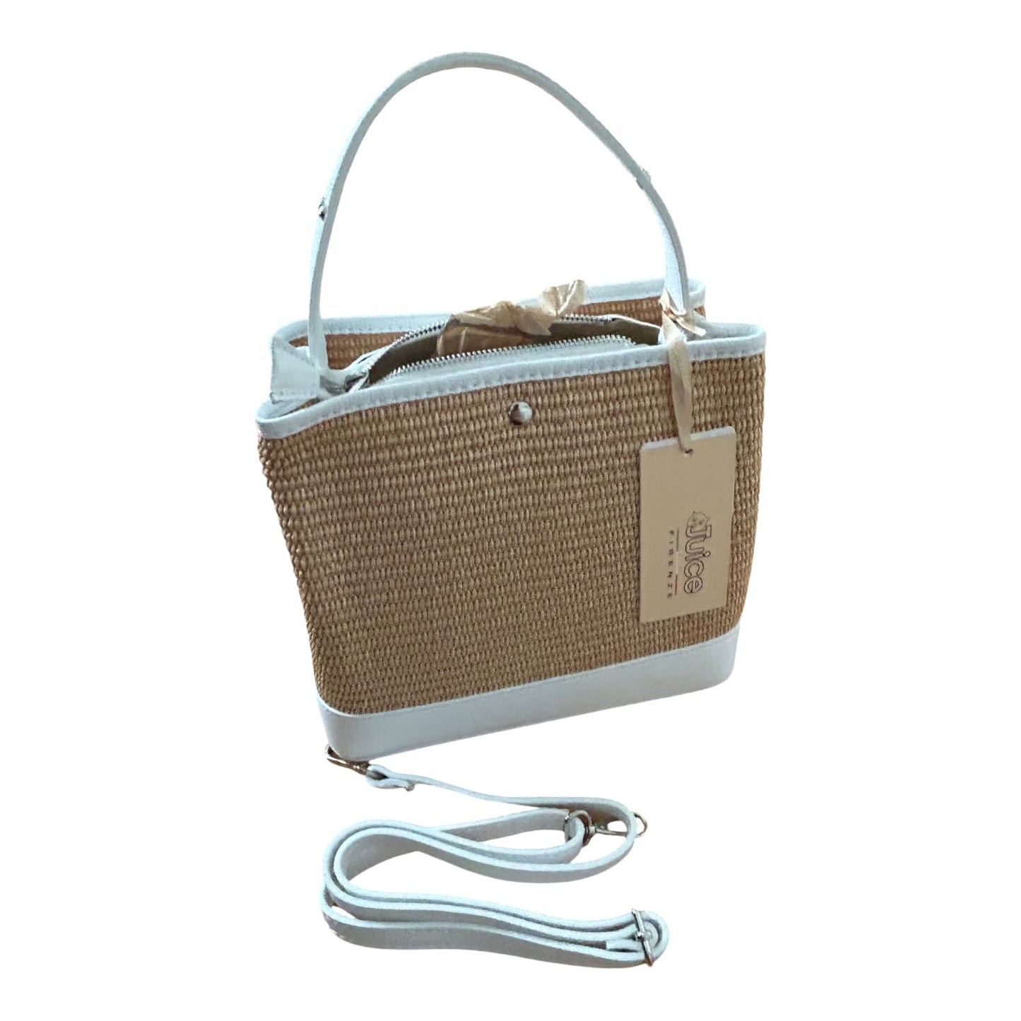 Bucket Bag Weiß Echtleder Raffia Tasche Italien Sommer Handtasche Elegant Neu