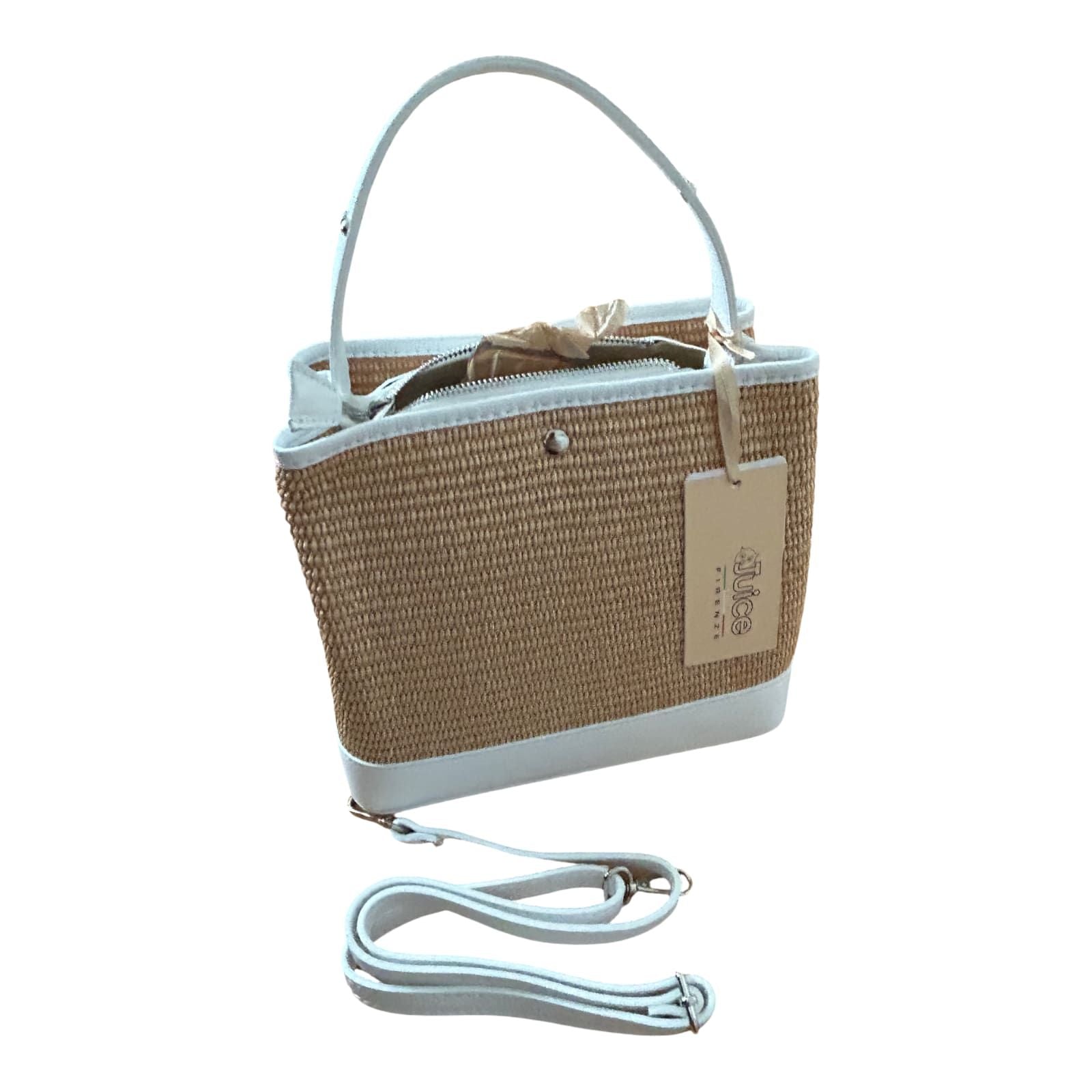 Bucket Bag Weiß Echtleder Raffia Tasche Italien Sommer Handtasche Elegant Neu