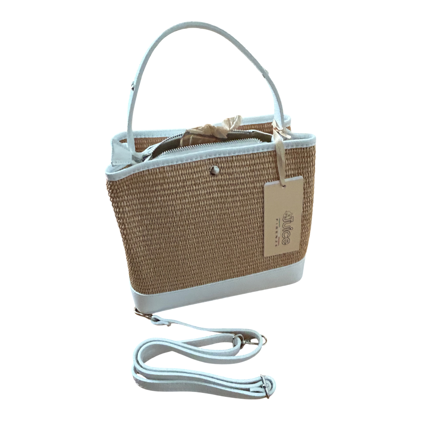 Bucket Bag Weiß Echtleder Raffia Tasche Italien Sommer Handtasche Elegant Neu