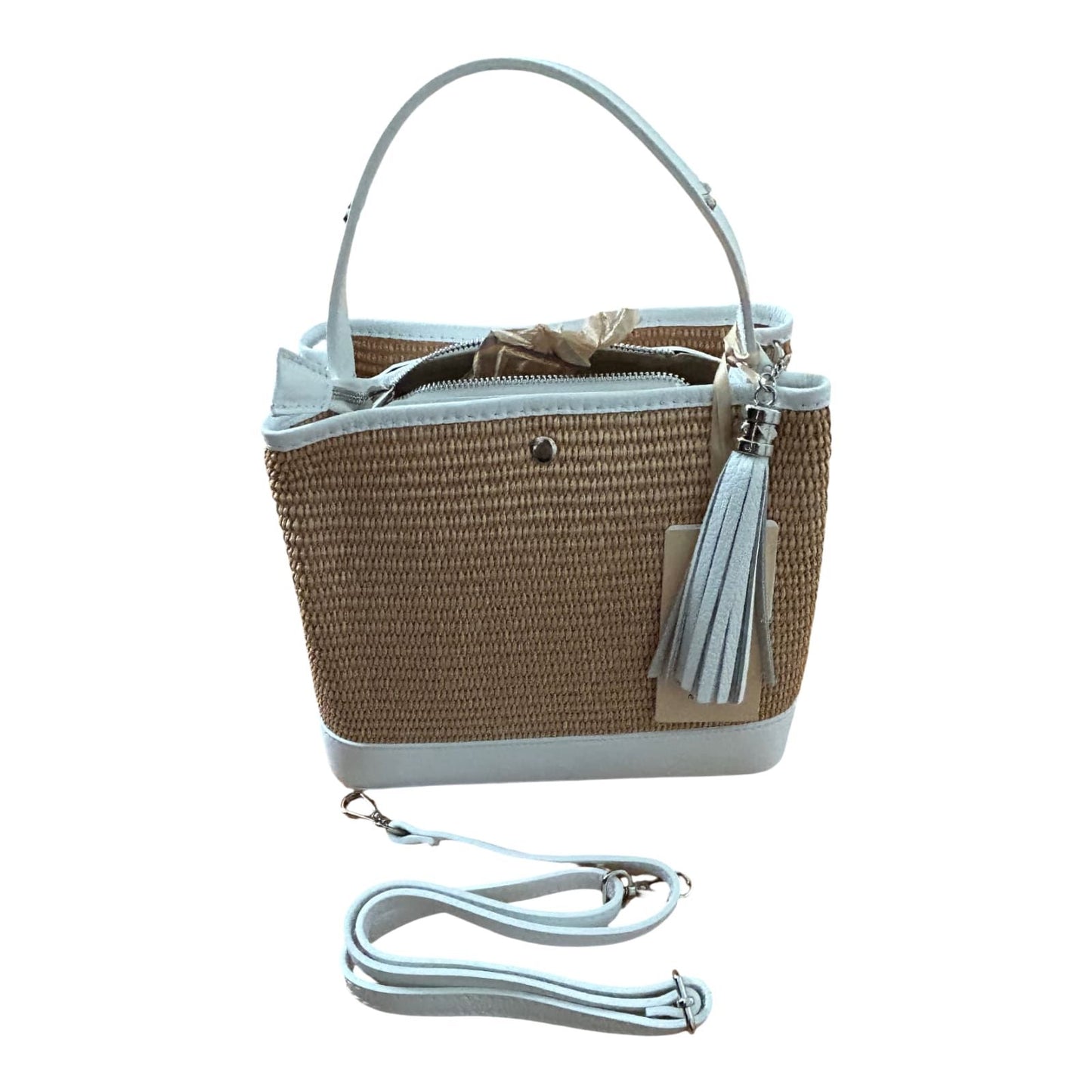 Bucket Bag Weiß Echtleder Raffia Tasche Italien Sommer Handtasche Elegant Neu
