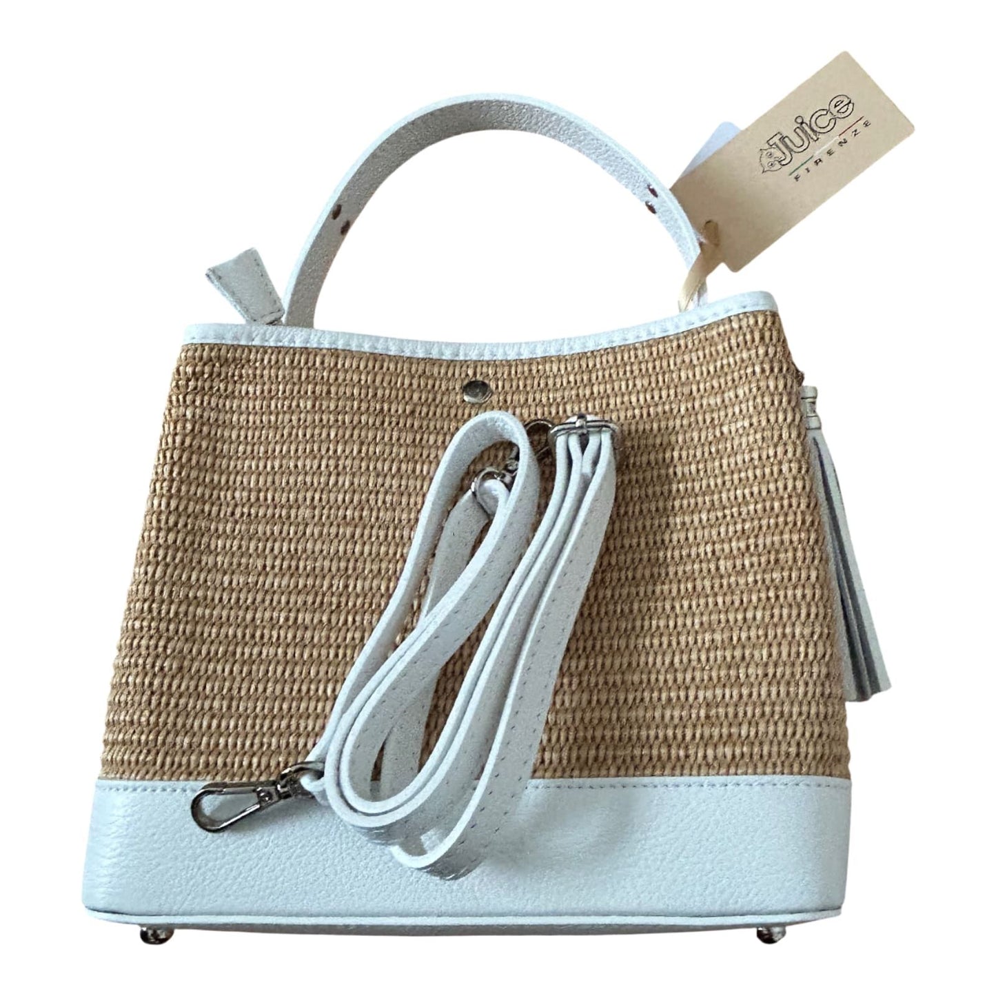 Bucket Bag Weiß Echtleder Raffia Tasche Italien Sommer Handtasche Elegant Neu