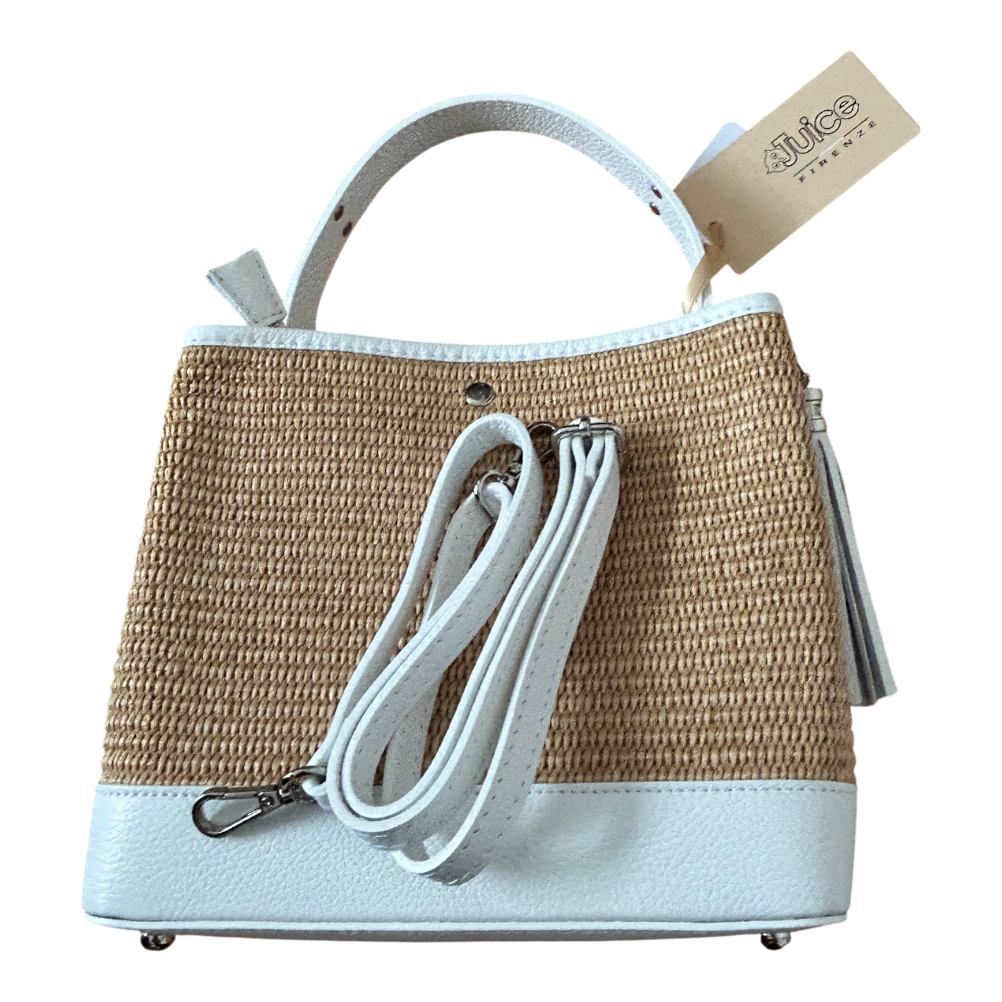 Bucket Bag Weiß Echtleder Raffia Tasche Italien Sommer Handtasche Elegant Neu