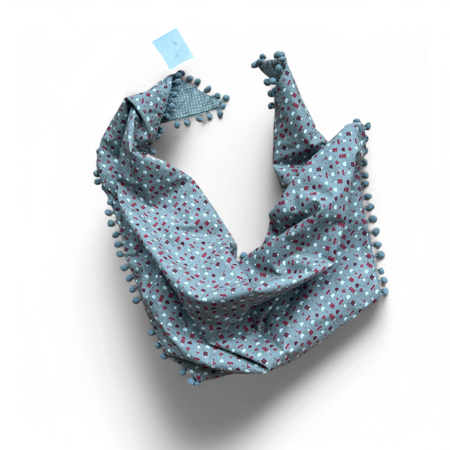 🔺 Doppelseitiges Dreieckstuch mit Blumen & Herzen – Baumwolle mit Bommeln