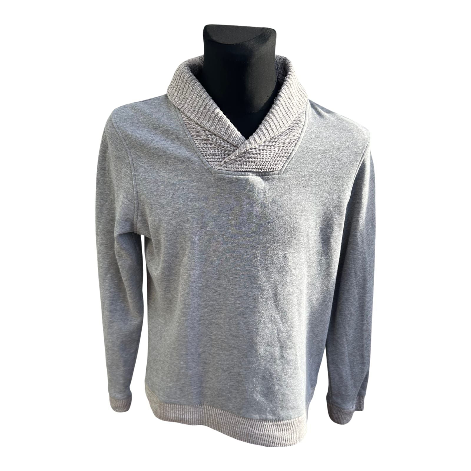 H&M Pullover Herren Gr M Grau Schalkragen Baumwolle Casual Modern Freizeit