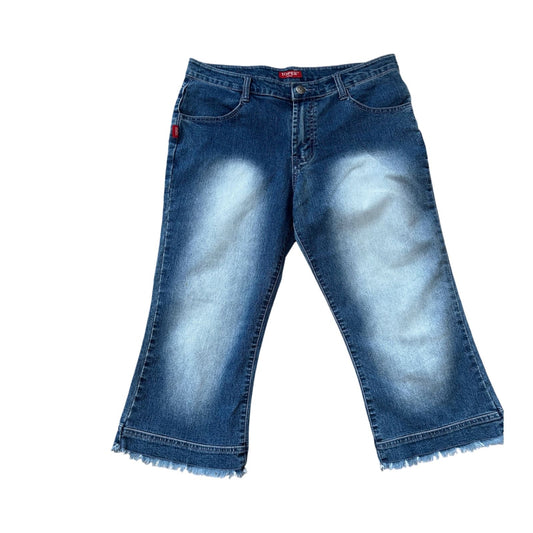 Topee Damen Jeans Gr W32 Blau Dreiviertel Fransen Used Look Baumwolle
