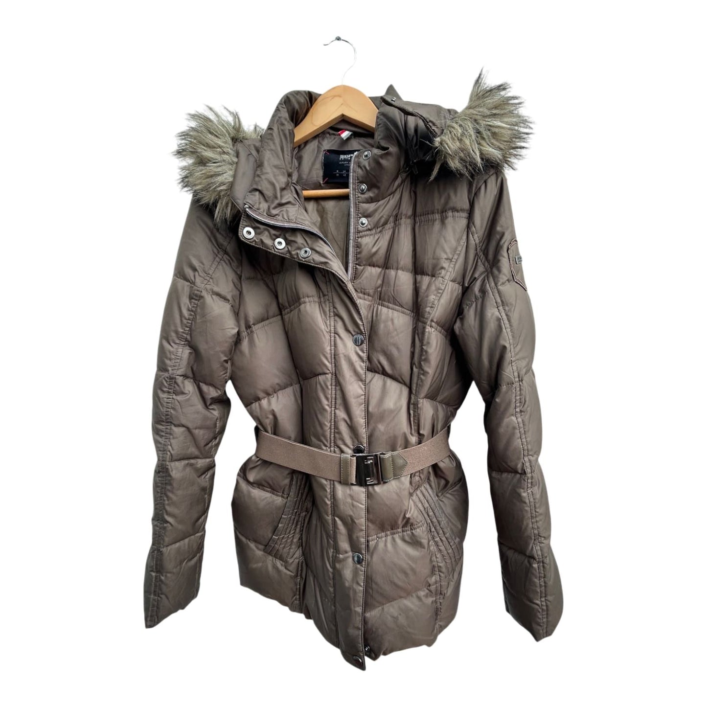 Esprit Daunenjacke Damen Gr 38 Braun Gefüttert Kapuze Fellkragen Tailliert Elegant Warm