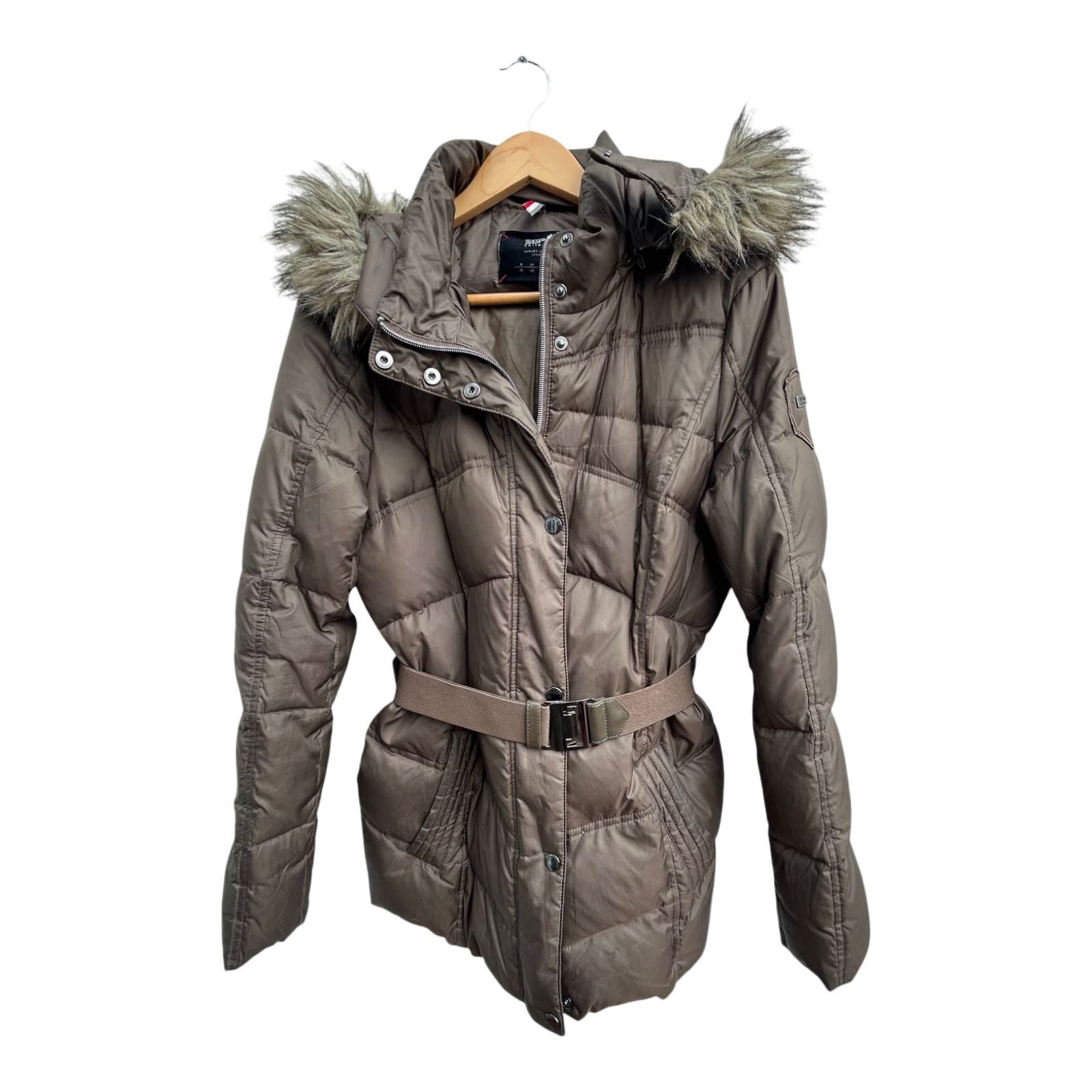 Esprit Daunenjacke Damen Gr 38 Braun Gefüttert Kapuze Fellkragen Tailliert Elegant Warm