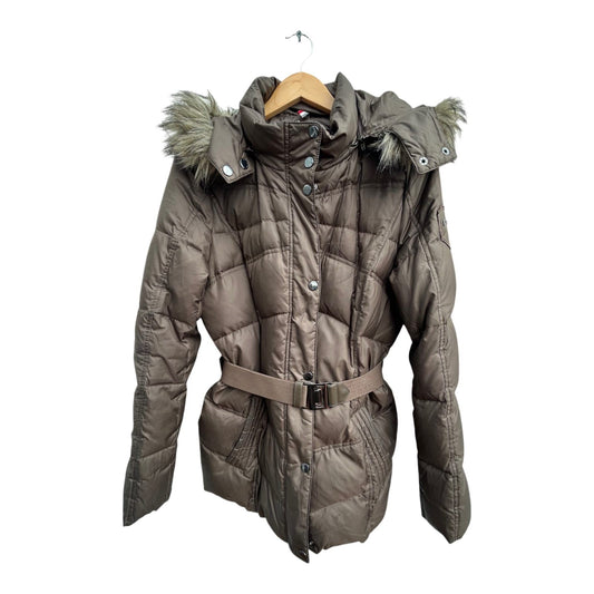Esprit Daunenjacke Damen Gr 38 Braun Gefüttert Kapuze Fellkragen Tailliert Elegant Warm