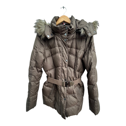 Esprit Daunenjacke Damen Gr 38 Braun Gefüttert Kapuze Fellkragen Tailliert Elegant Warm