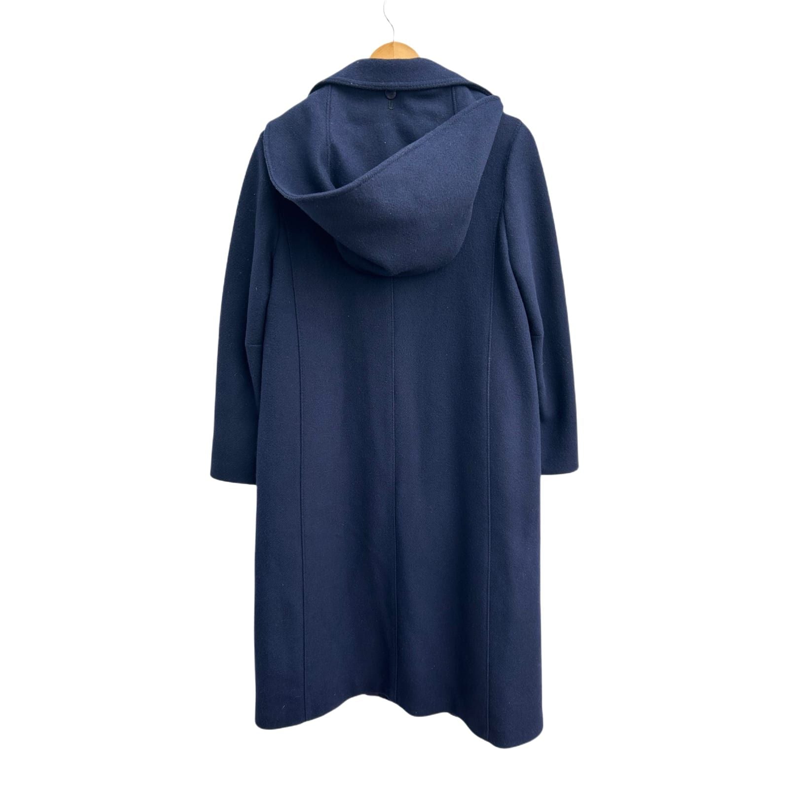 Damen Mantel Dunkelblau Wolle Viskose Gr 38 Schwer Hochwertig Kapuze Elegant Lang