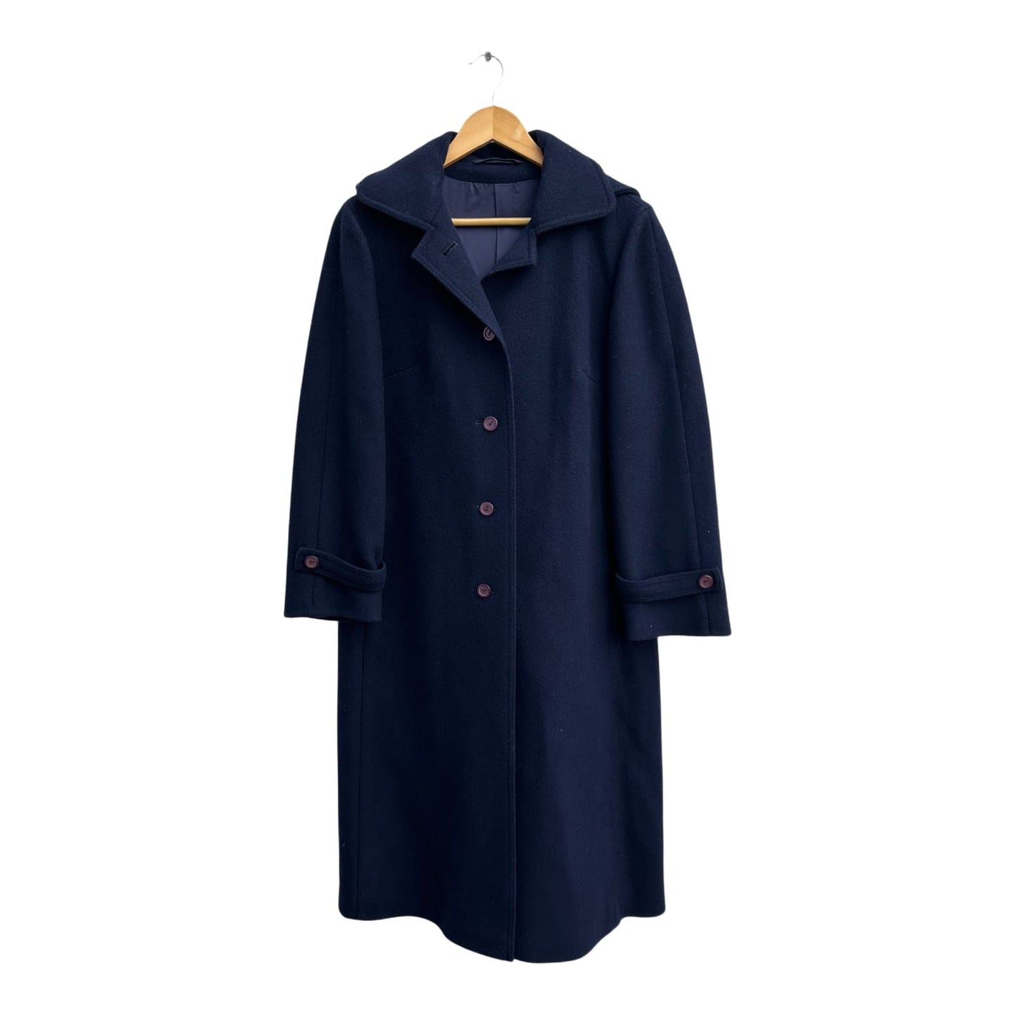 Damen Mantel Dunkelblau Wolle Viskose Gr 38 Schwer Hochwertig Kapuze Elegant Lang