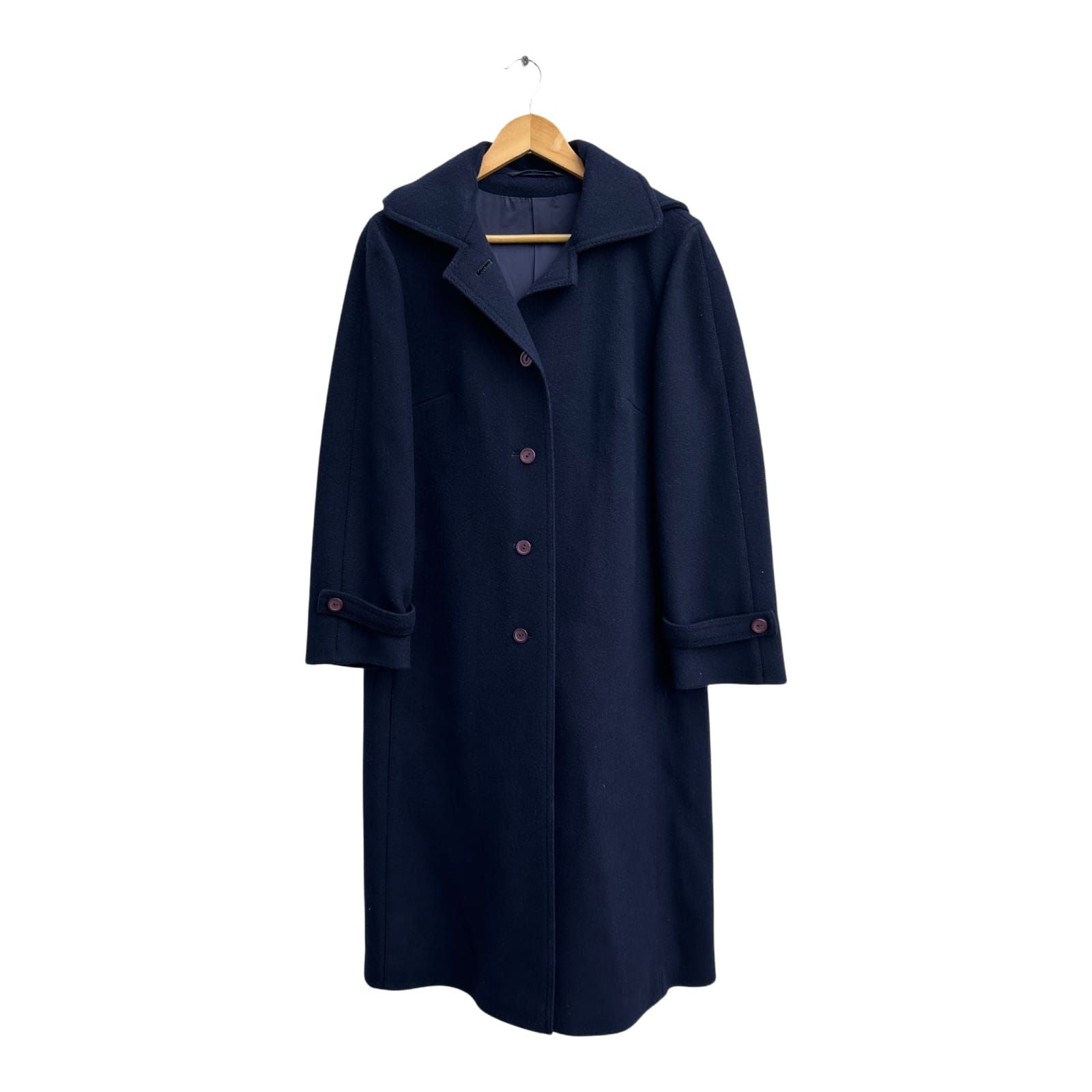 Damen Mantel Dunkelblau Wolle Viskose Gr 38 Schwer Hochwertig Kapuze Elegant Lang