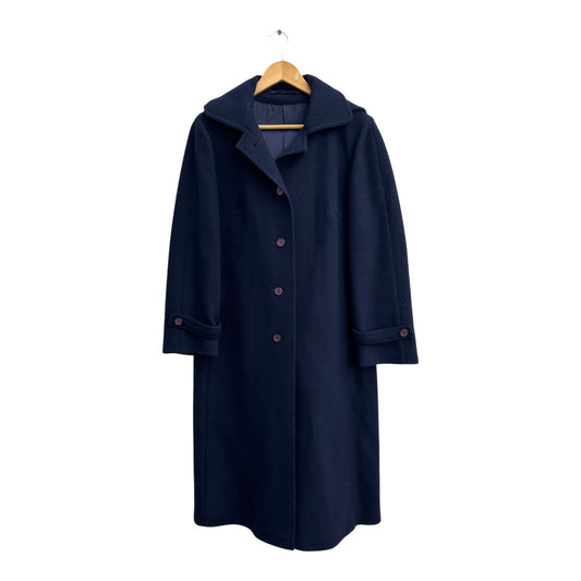 Damen Mantel Dunkelblau Wolle Viskose Gr 38 Schwer Hochwertig Kapuze Elegant Lang