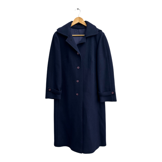 Damen Mantel Dunkelblau Wolle Viskose Gr 38 Schwer Hochwertig Kapuze Elegant Lang