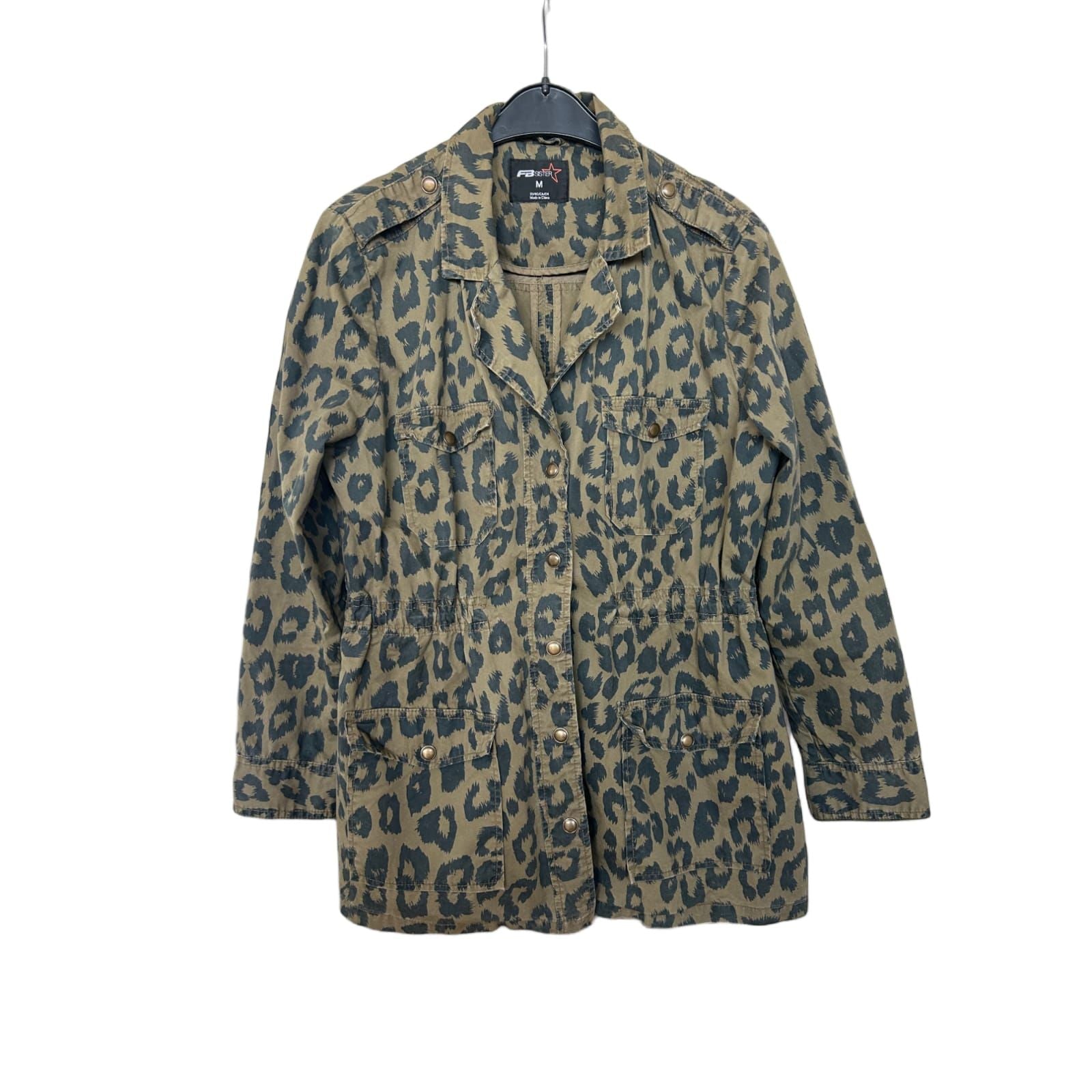 Fishbone Jacke Damen M Leopard Khaki Baumwolle Ungefüttert Utility Look Trend