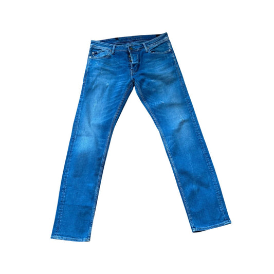 Recycle Jeans Herren W33 Blau Used Look Straight Fit Denim Knopfleiste