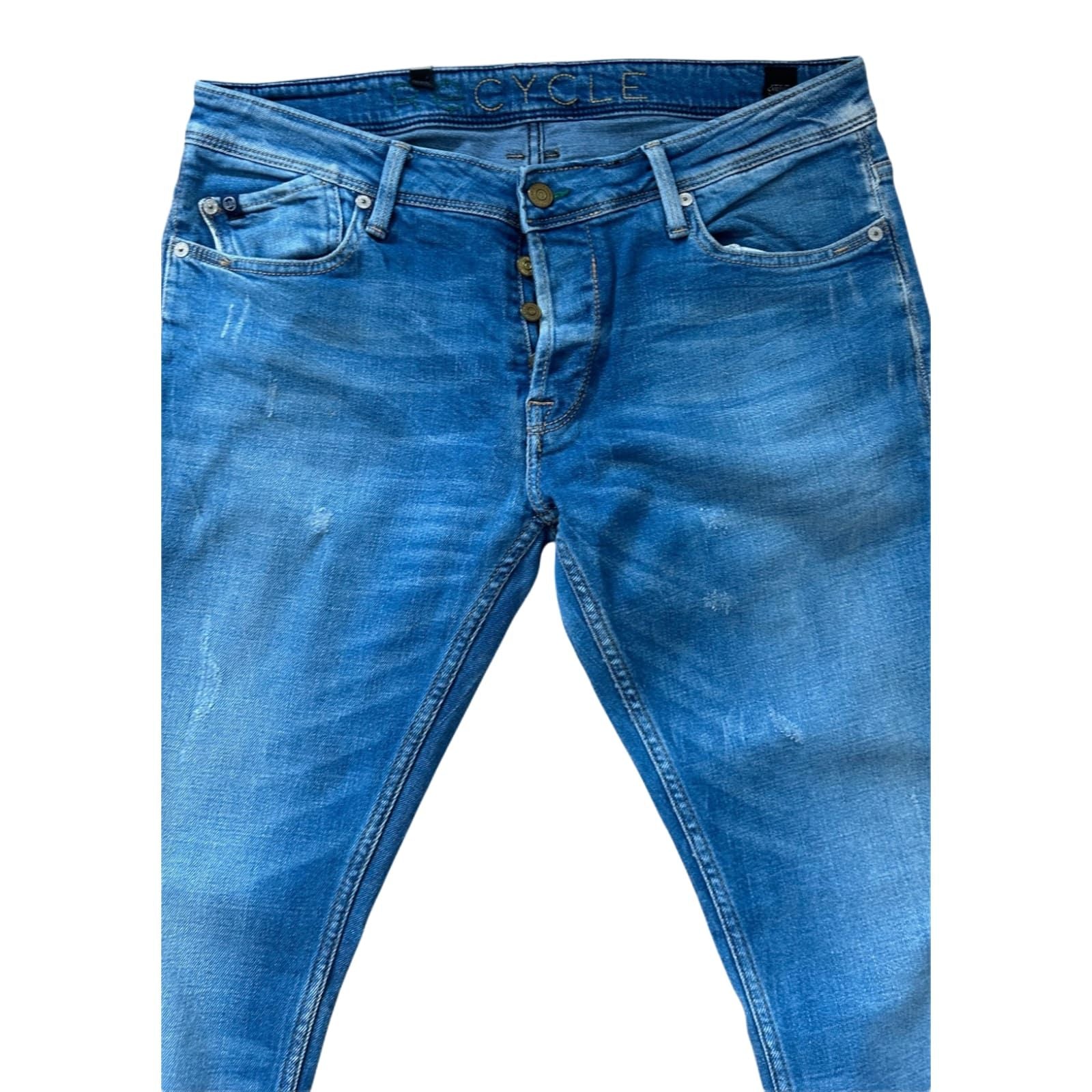 Recycle Jeans Herren W33 Blau Used Look Straight Fit Denim Knopfleiste