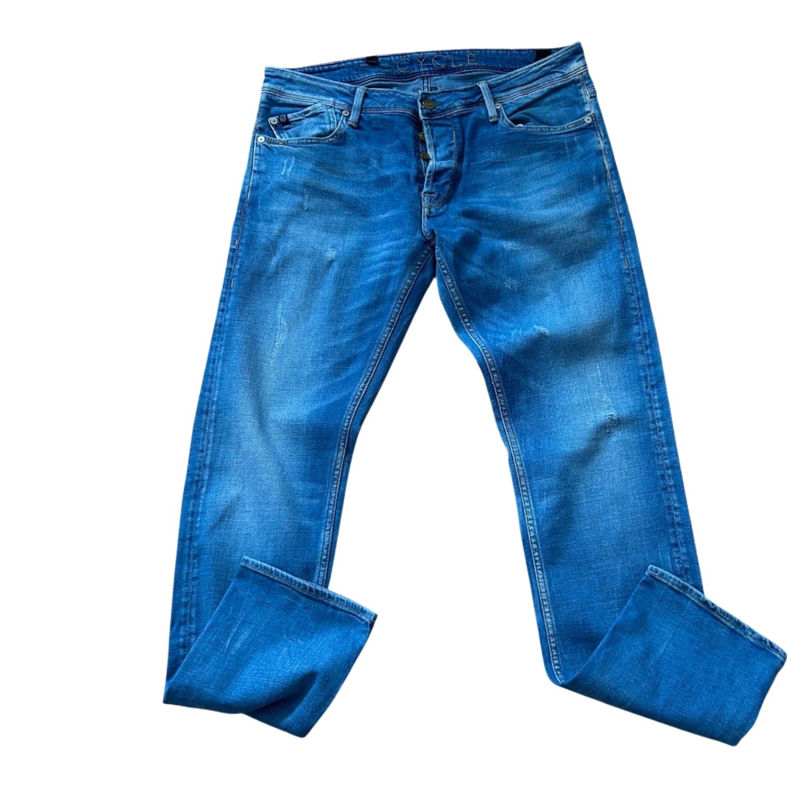 Recycle Jeans Herren W33 Blau Used Look Straight Fit Denim Knopfleiste
