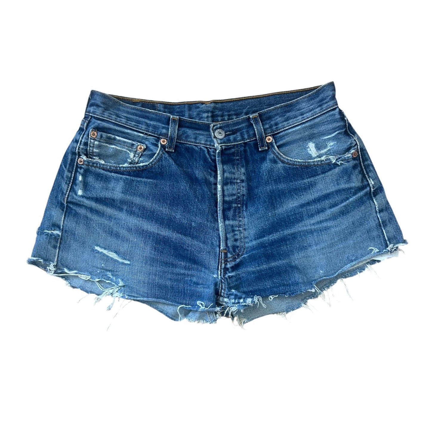 Levis 501 Damen Shorts Jeansshorts W32 Blau Fransen Destroyed Sommer Style