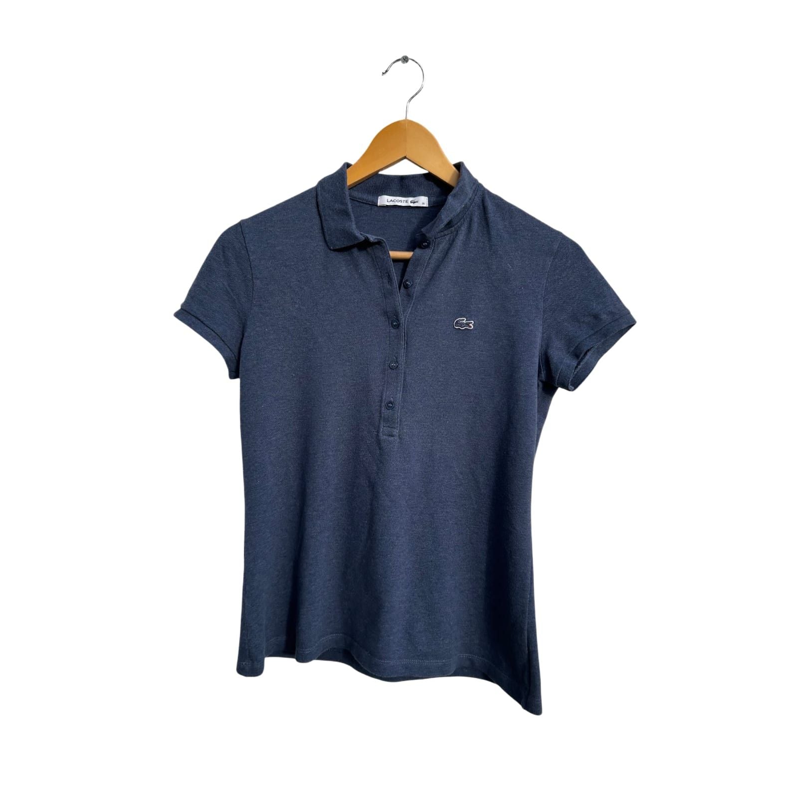 LACOSTE Polo Shirt Damen Gr 36 Dunkelblau Kurzarm Baumwolle Stretch Elegant