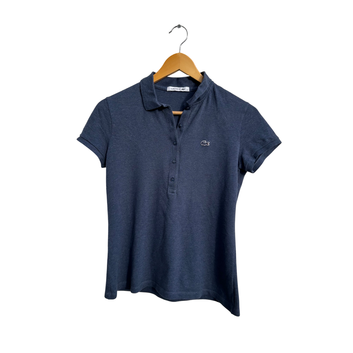 LACOSTE Polo Shirt Damen Gr 36 Dunkelblau Kurzarm Baumwolle Stretch Elegant