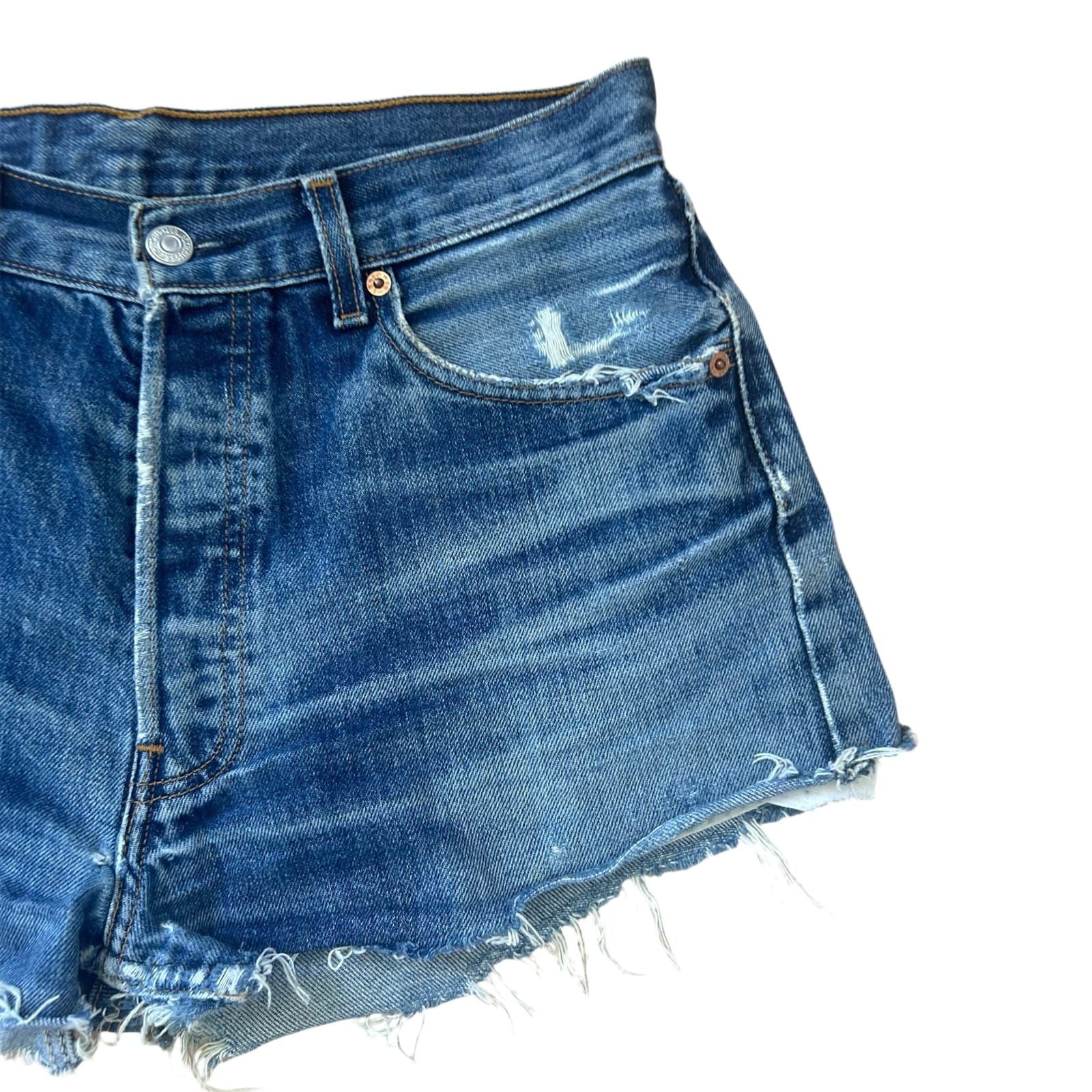 Levis 501 Damen Shorts Jeansshorts W32 Blau Fransen Destroyed Sommer Style