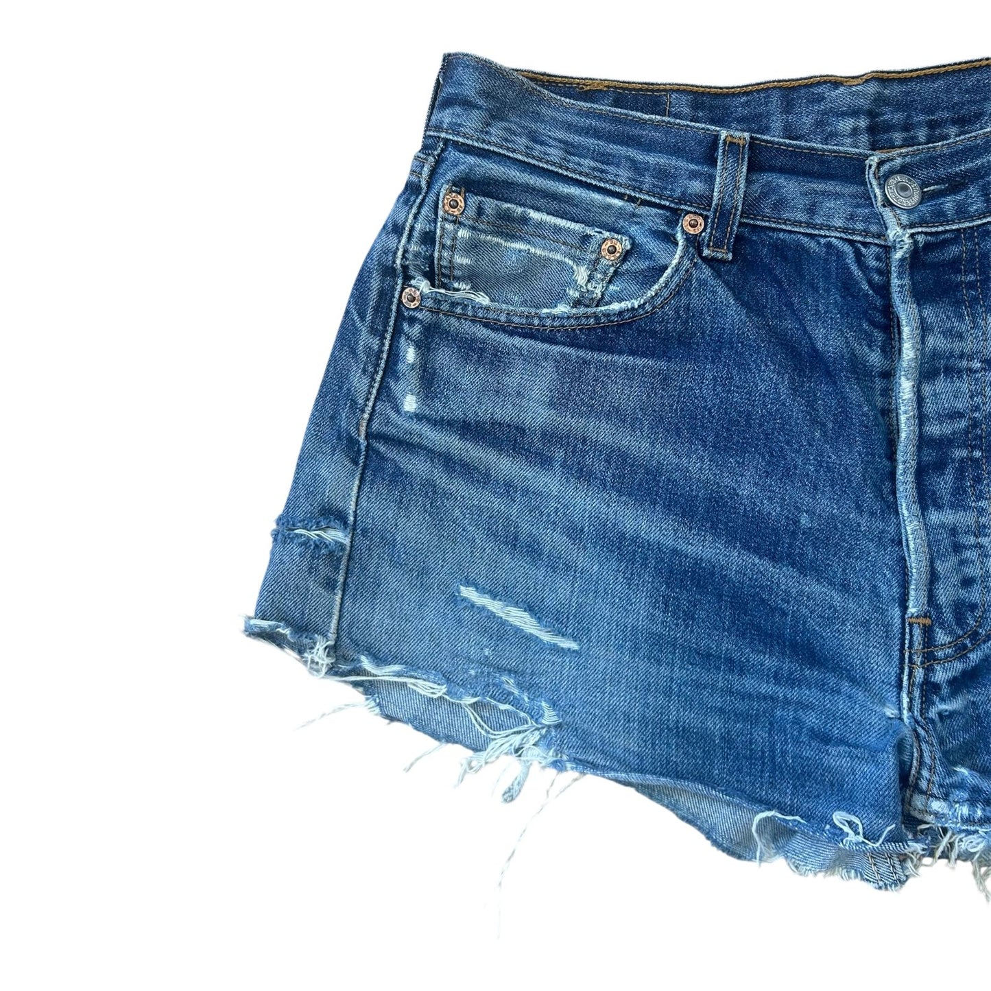 Levis 501 Damen Shorts Jeansshorts W32 Blau Fransen Destroyed Sommer Style