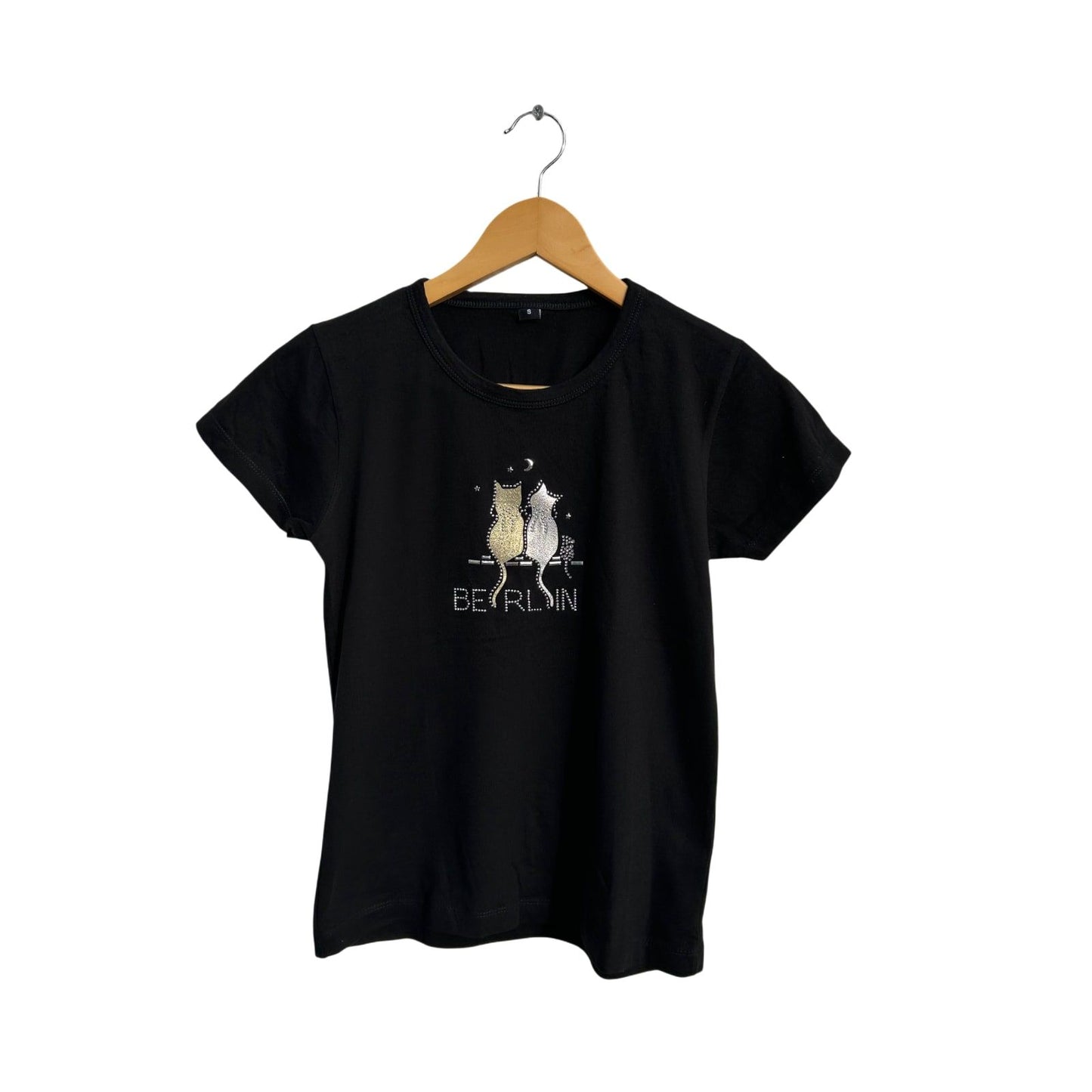 T Shirt Damen Gr S Schwarz Berlin Strass Katzen Motiv Baumwolle NAKEDSHIRT
