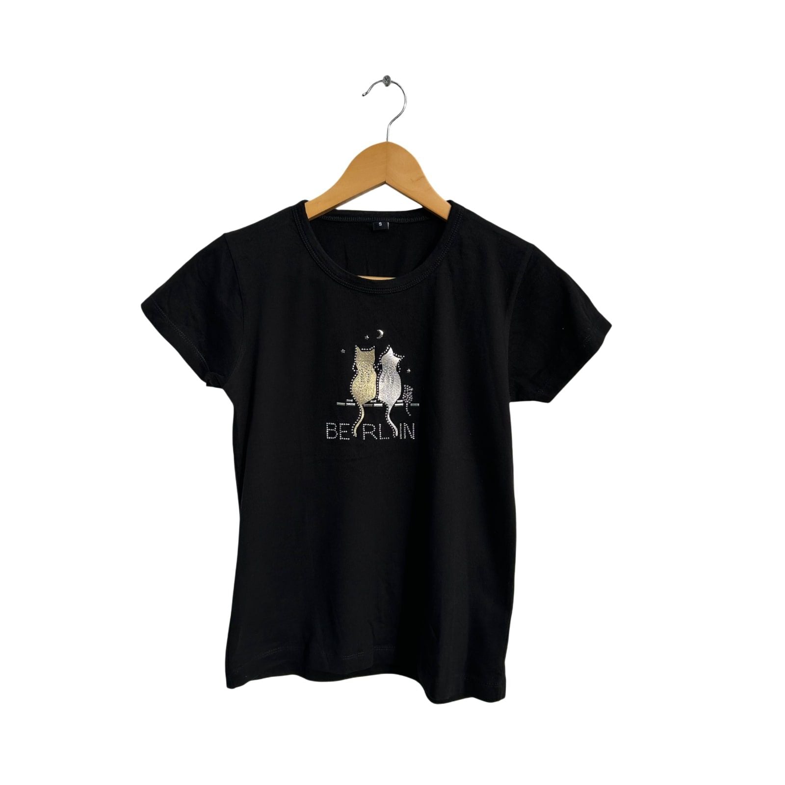 T Shirt Damen Gr S Schwarz Berlin Strass Katzen Motiv Baumwolle NAKEDSHIRT