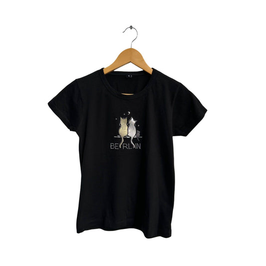 T Shirt Damen Gr S Schwarz Berlin Strass Katzen Motiv Baumwolle NAKEDSHIRT