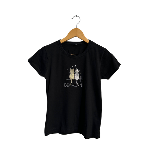 T Shirt Damen Gr S Schwarz Berlin Strass Katzen Motiv Baumwolle NAKEDSHIRT