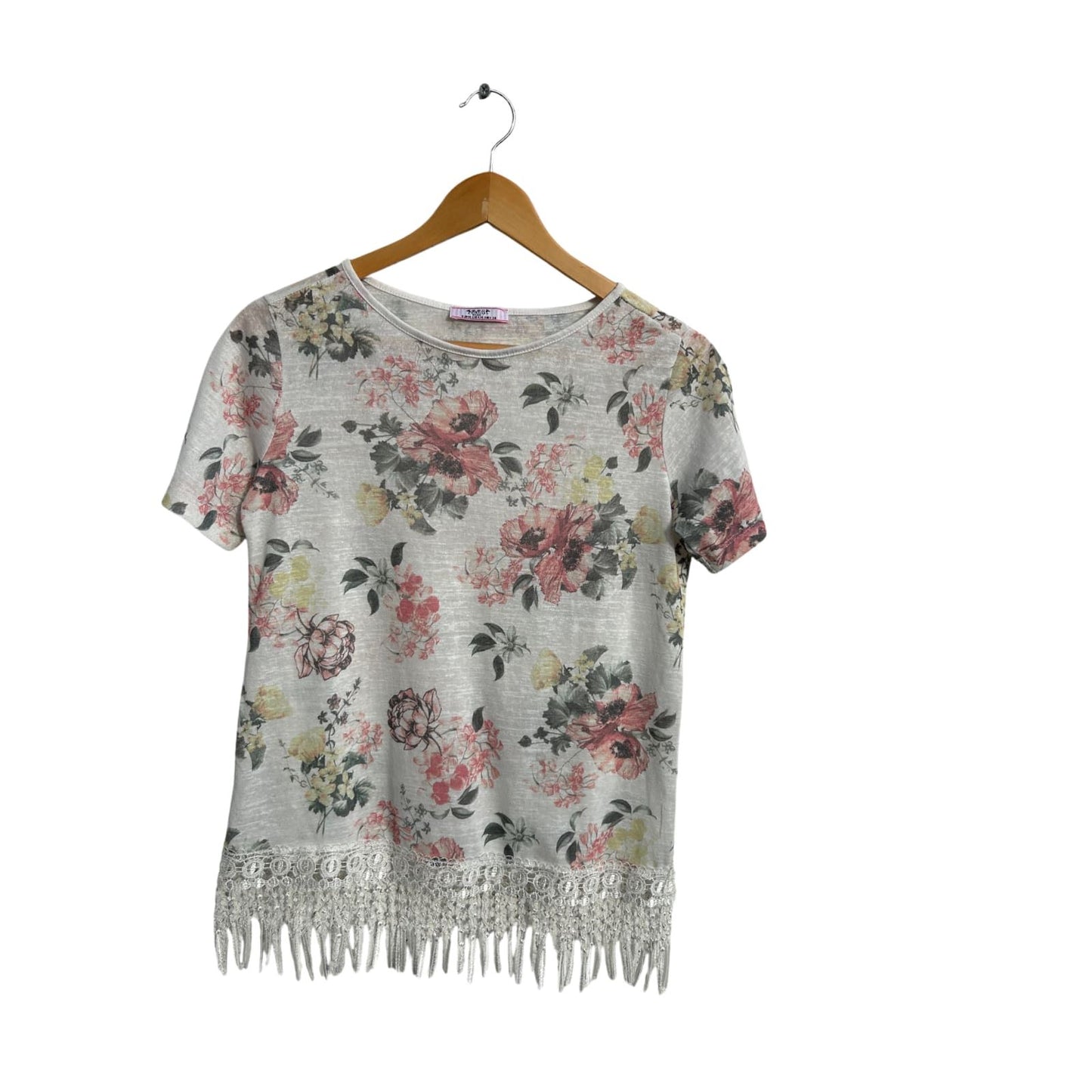 MMS Basic T Shirt Damen Gr M Blumenmuster Weiß Baumwolle Fransen Spitze Sommer