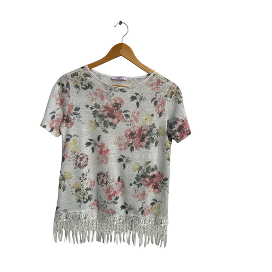 MMS Basic T Shirt Damen Gr M Blumenmuster Weiß Baumwolle Fransen Spitze Sommer
