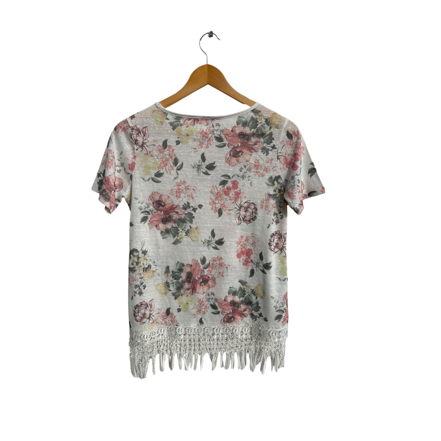 MMS Basic T Shirt Damen Gr M Blumenmuster Weiß Baumwolle Fransen Spitze Sommer