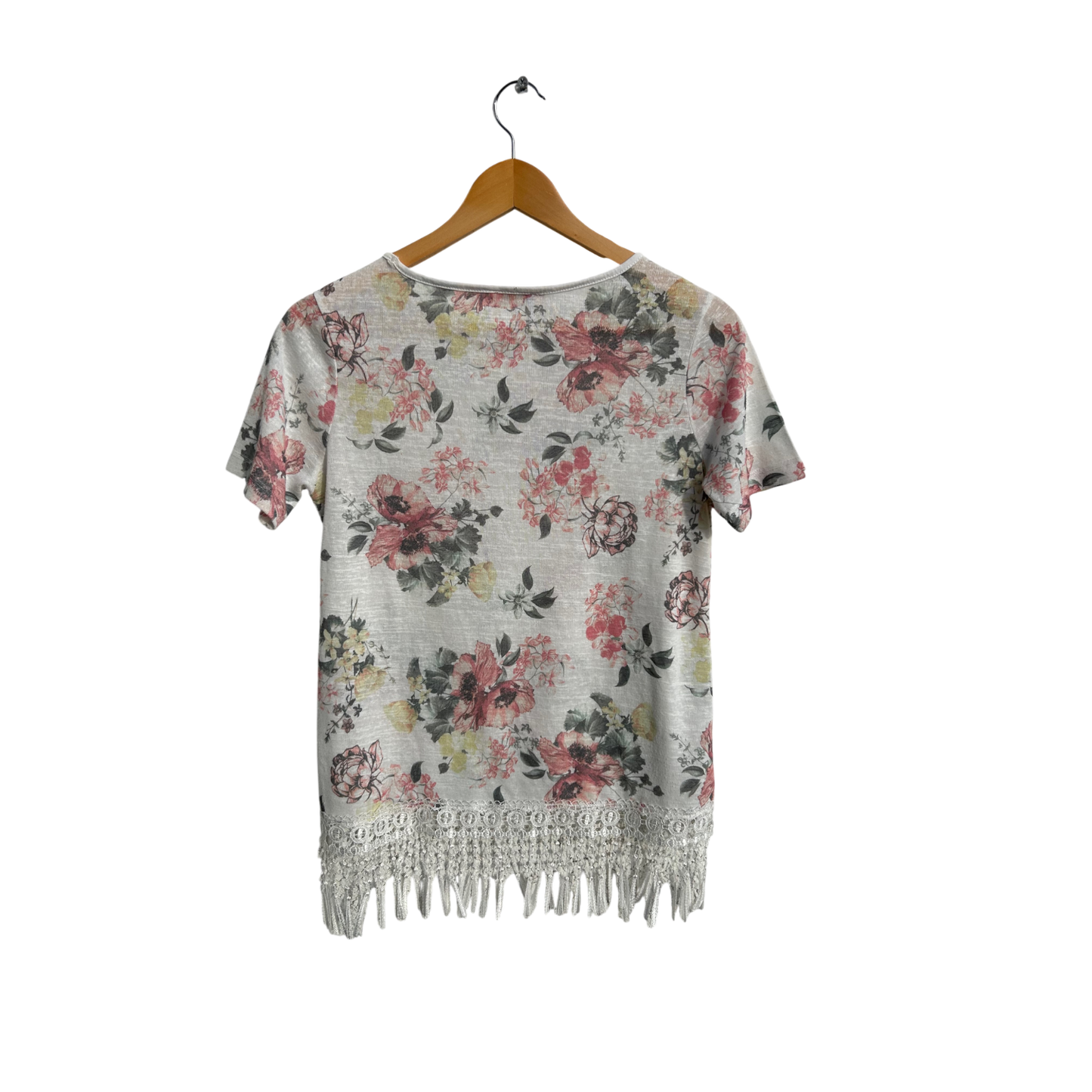 MMS Basic T Shirt Damen Gr M Blumenmuster Weiß Baumwolle Fransen Spitze Sommer