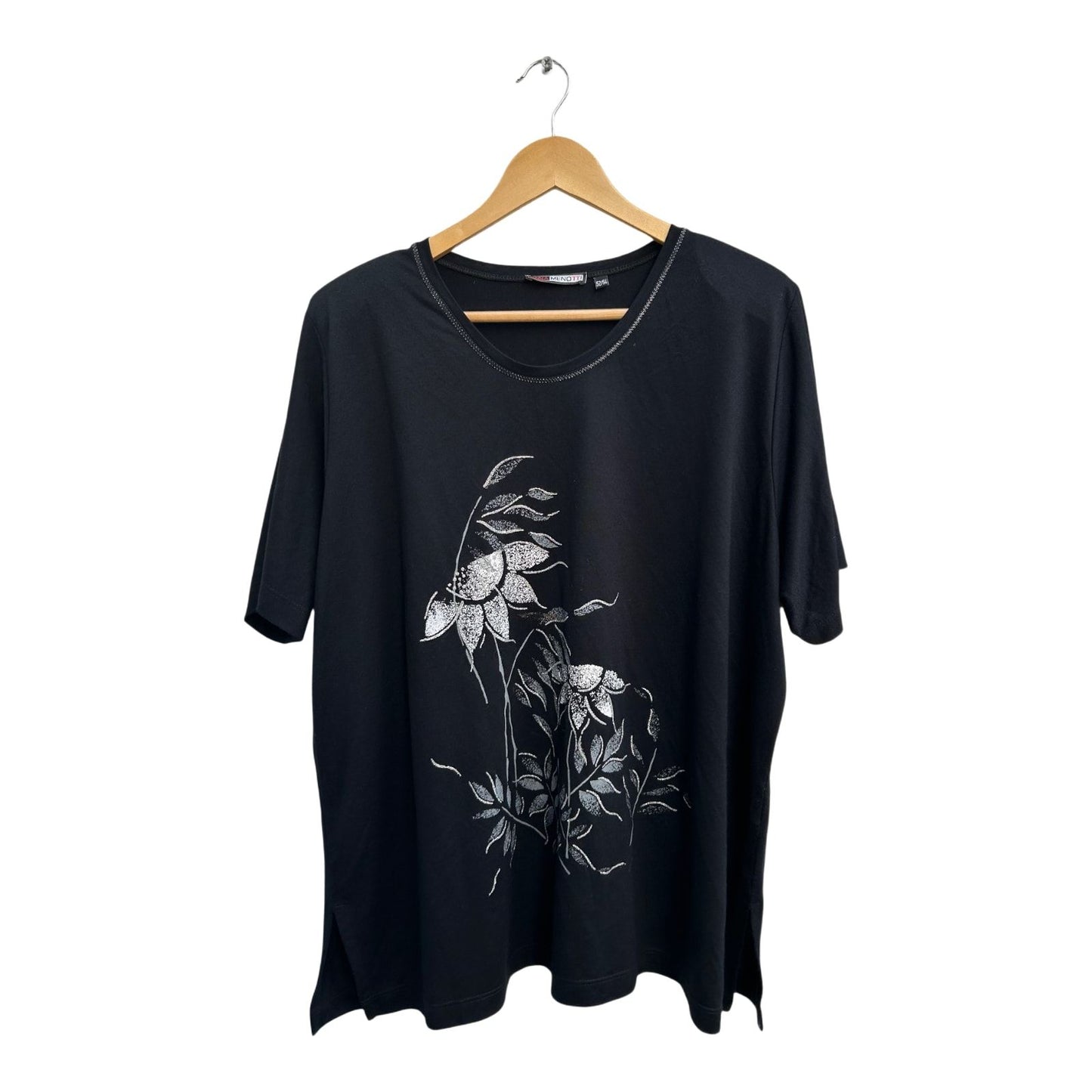 Anna Menotti Shirt Damen Gr 52 54 Schwarz Blumen Glitzer Kurzarm Viskose Elegant