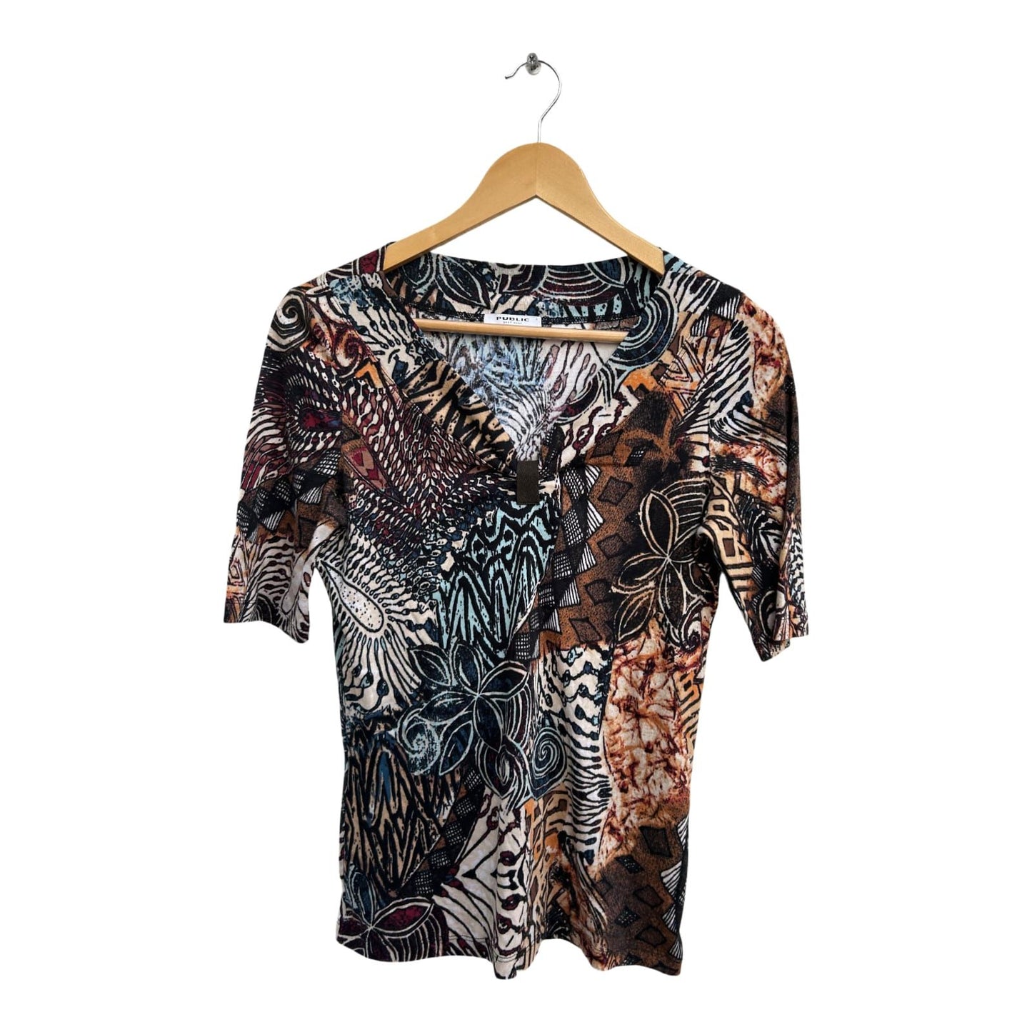 Public Easy Wear Shirt Damen Gr 38 Bunt Baumwolle Kurzarm Ethno Muster Sommer