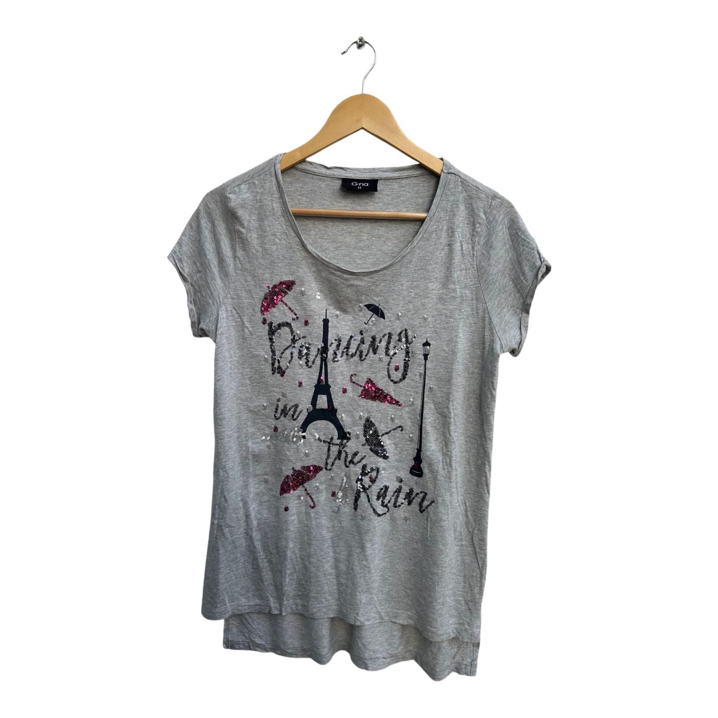 Gina Shirt Damen Gr 44 Grau Kurzarm Pailletten Motiv Paris Viskose Baumwolle