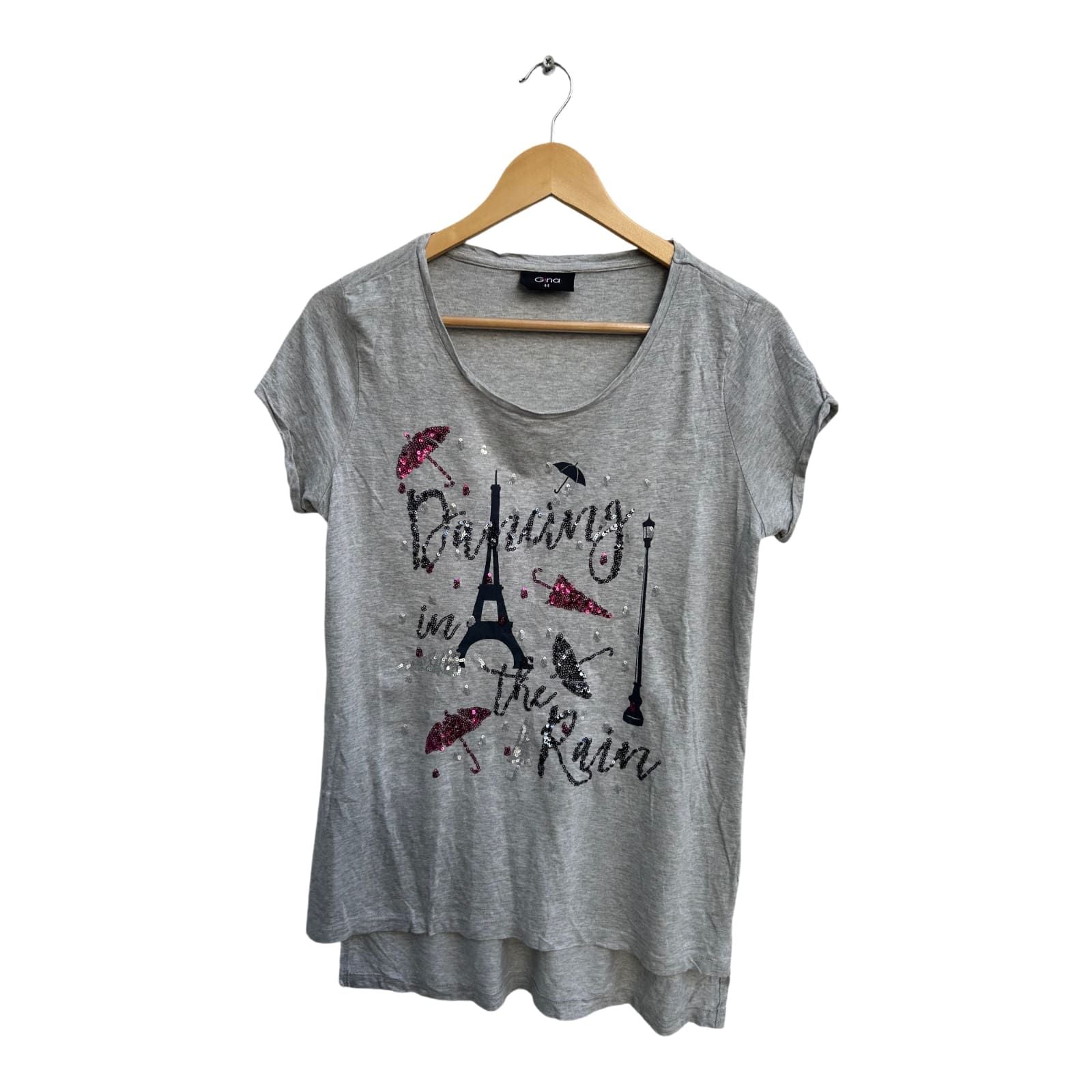 Gina Shirt Damen Gr 44 Grau Kurzarm Pailletten Motiv Paris Viskose Baumwolle