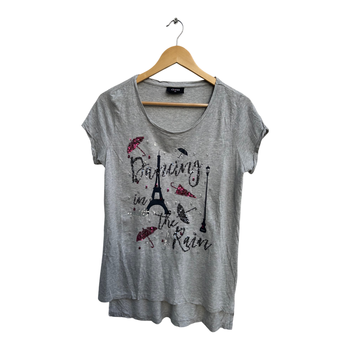 Gina Shirt Damen Gr 44 Grau Kurzarm Pailletten Motiv Paris Viskose Baumwolle