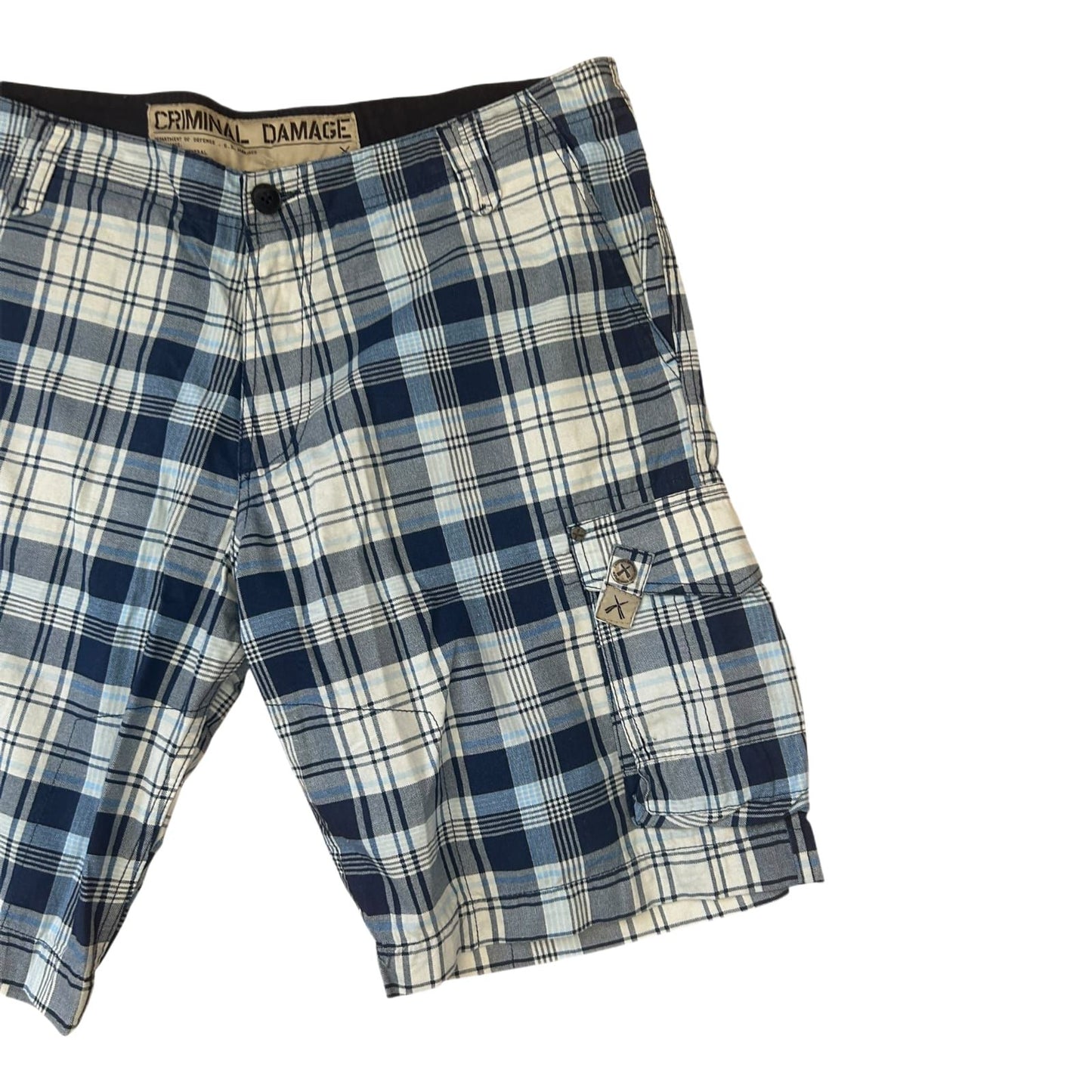 Criminal Damage Shorts Herren Bermuda kariert Blau Weiß Gr 38 L Baumwolle