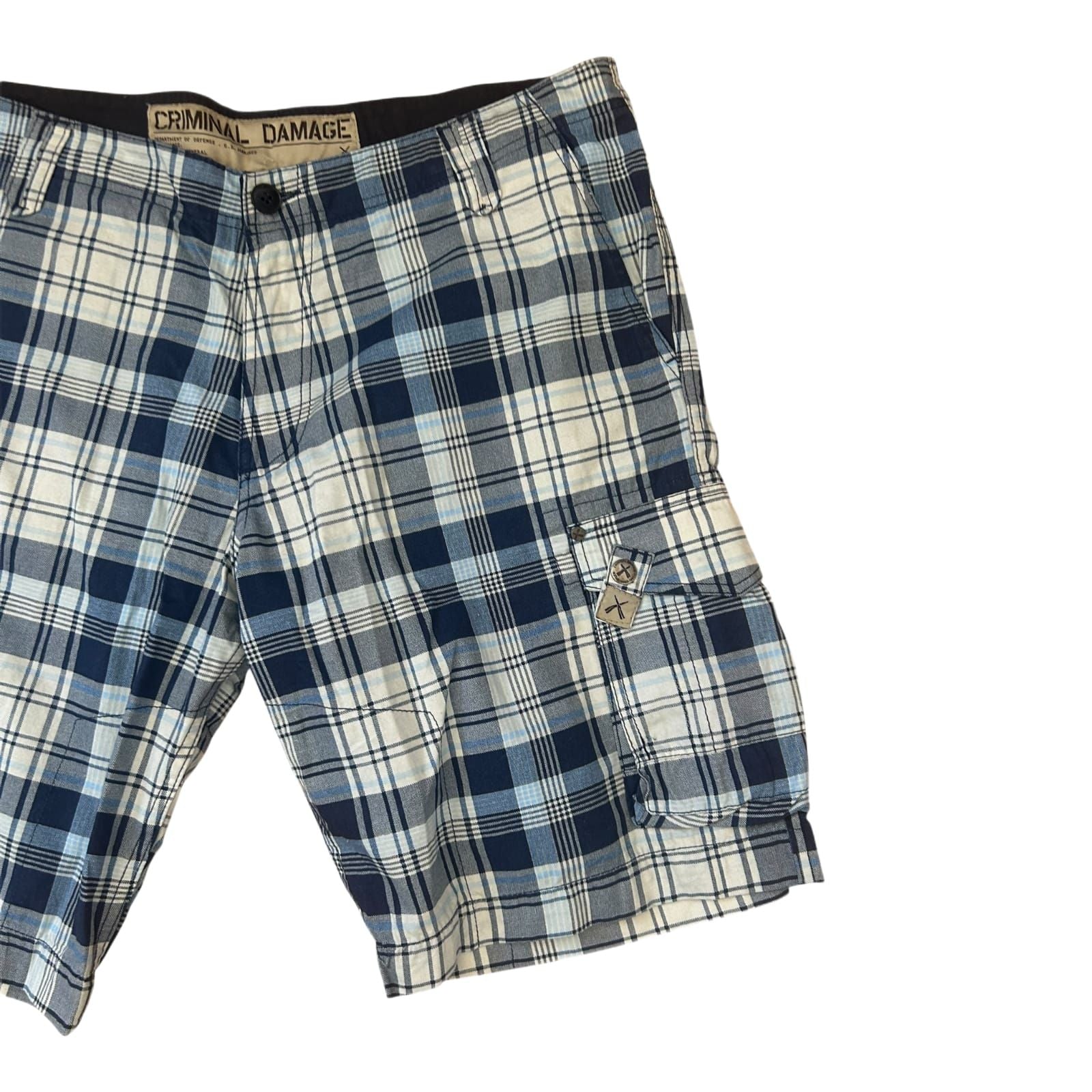 Criminal Damage Shorts Herren Bermuda kariert Blau Weiß Gr 38 L Baumwolle