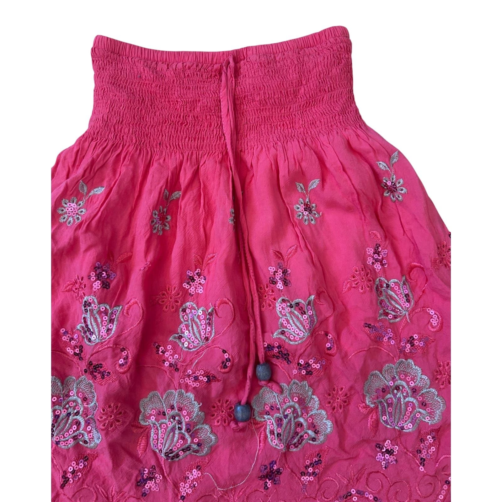 Damen Rock Sommer S Pink Pailletten Stickerei Baumwolle Gummibund Boho