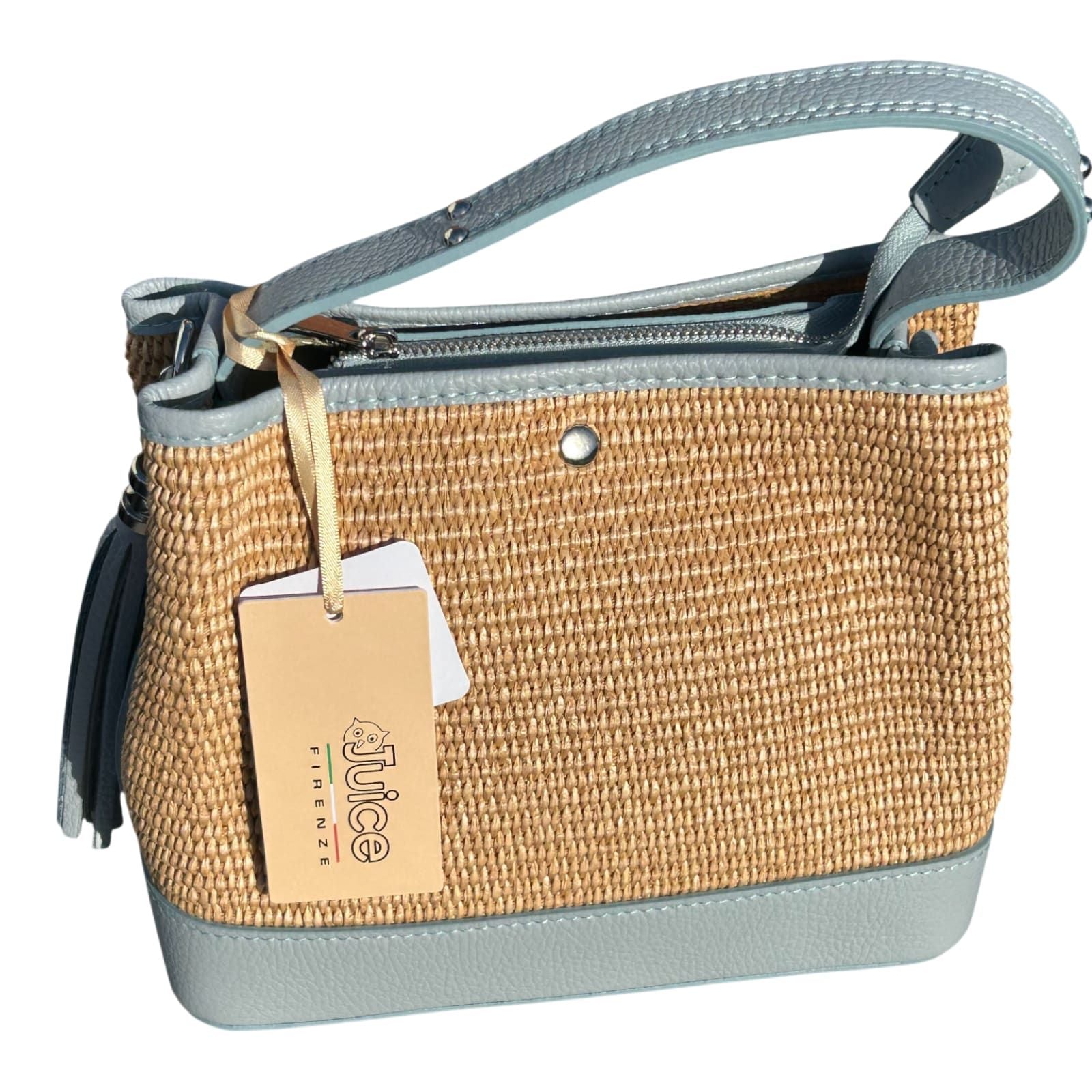 Bucket Bag Hellblau Echtleder Raffia Tasche Italien Sommer Handtasche Elegant Neu