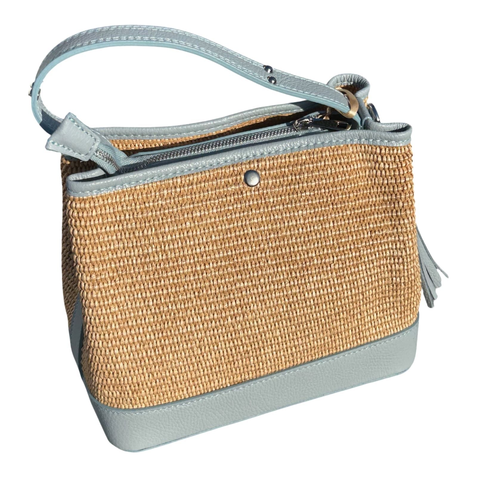 Bucket Bag Hellblau Echtleder Raffia Tasche Italien Sommer Handtasche Elegant Neu